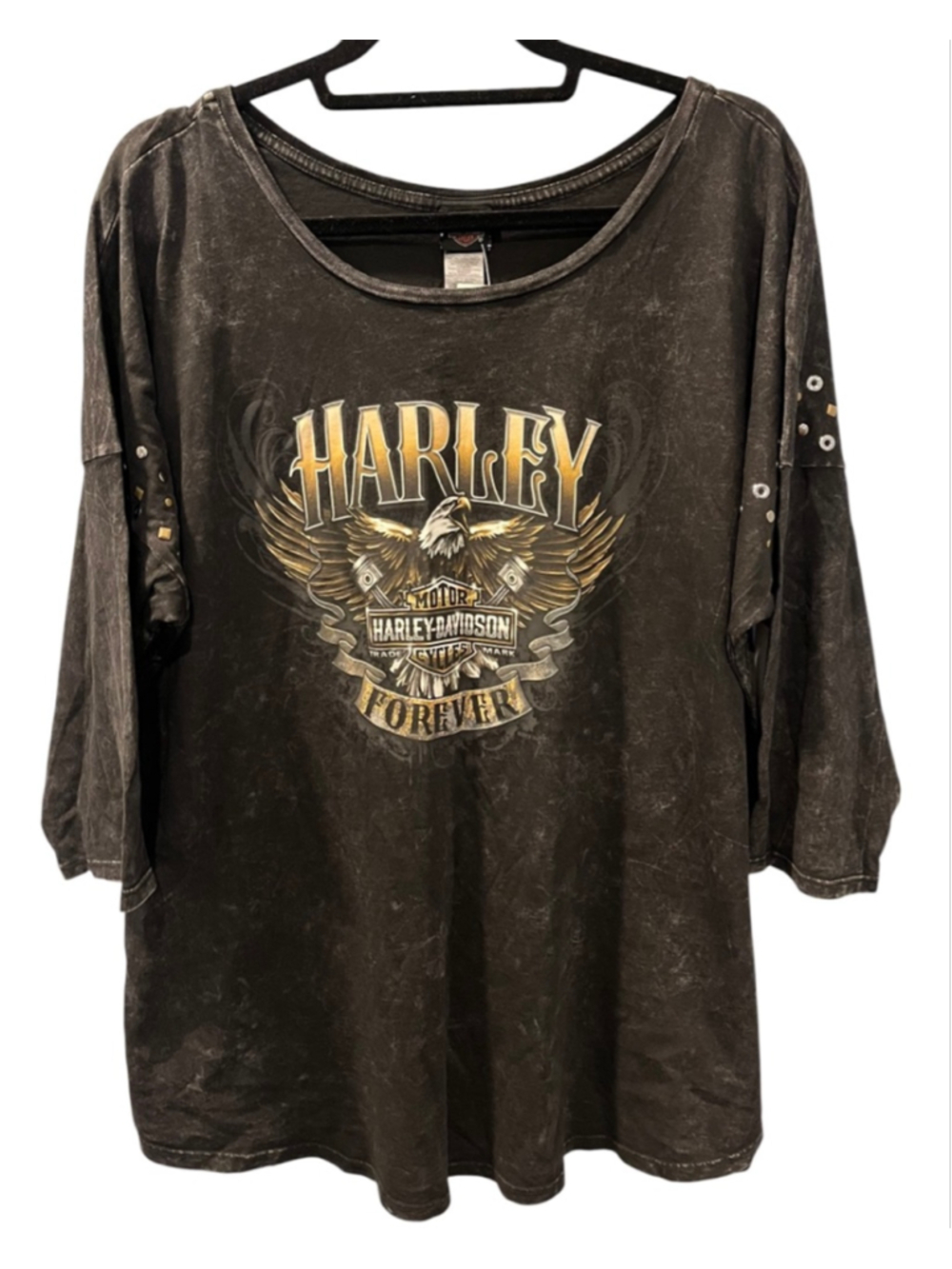 Harley Davidson NWT Y2K Eagle Studded 3/4 Sleeve Shirt Women's Size 2XL Black